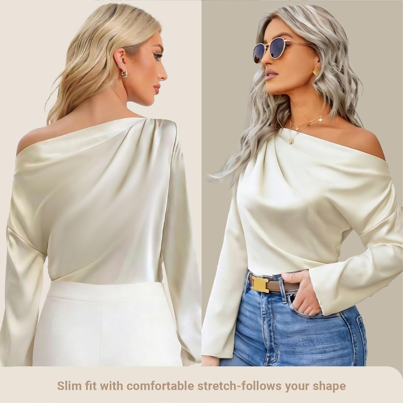 Womens Satin Off Shoulder Top Long Sleeve One Shoulder Asymmetrical Blouse image 2