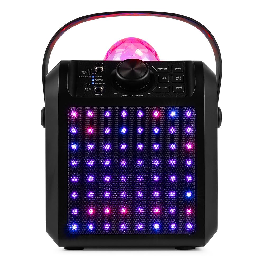 Fenton KAR55B – Altavoz Karaoke Bluetooth 50W con 2 microfonos con Cable, batería Recargable, Luces LED RGB, Jelly Ball Bola de Discoteca, Altavoz portatil con AUX y Bluetooth 5.0, Color Negro
