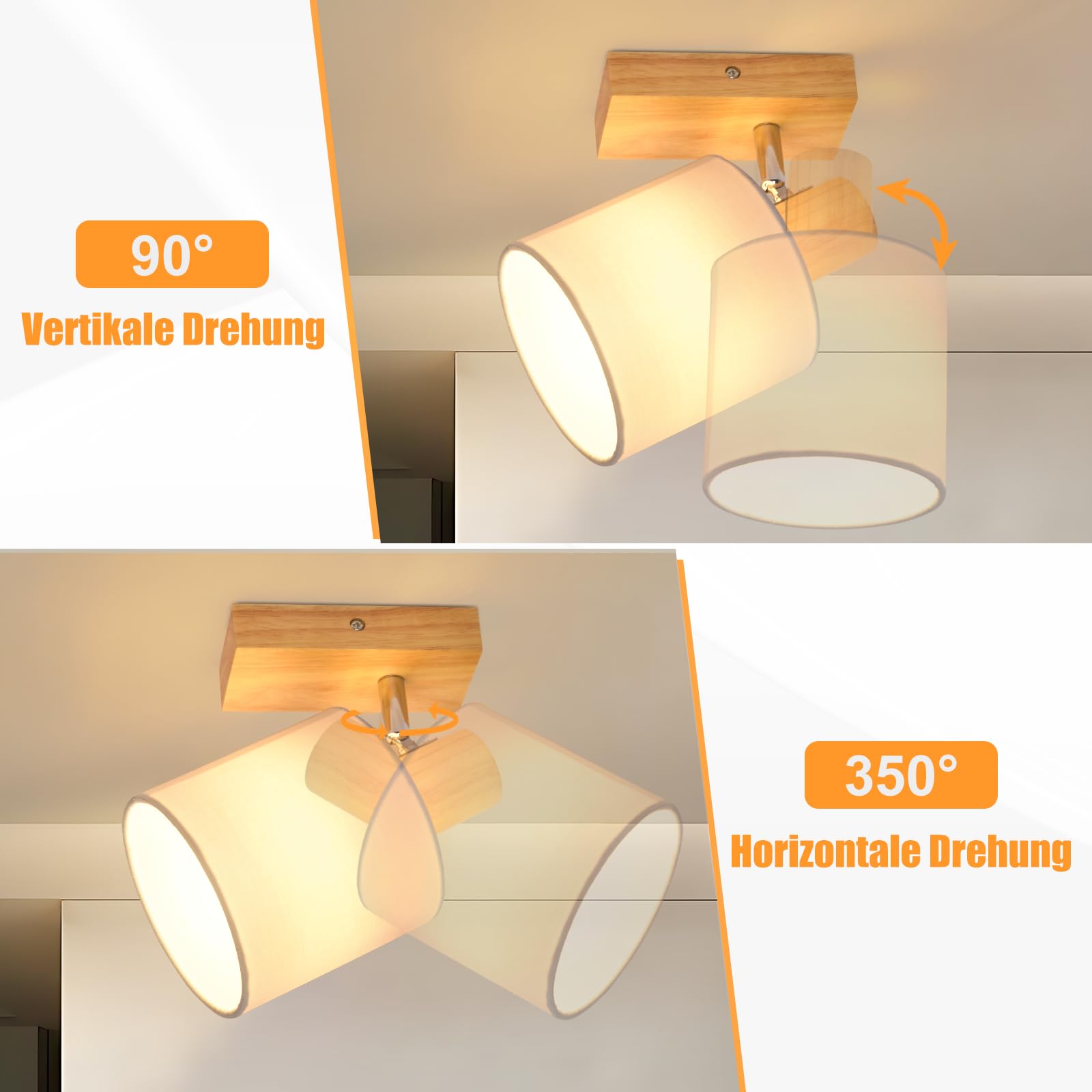Deckenlampe 1 Flammig Holz Flurlampe Deckenleuchte | Deckenstrahler E14 MAX 40W Deckenspots Strahler Vintage Schwenkbar 350° Flur Schlafzimmer Ohne Leuchtmittel, 3 Stück