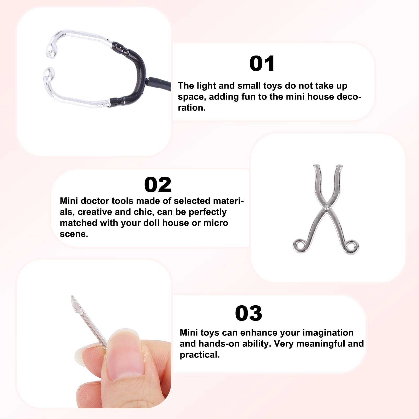 Set De 5 Mini Outils Médicaux - Stéthoscope, Marteau, Pince, Scalpel - Maison Poupée 1:12 - Alliage Zinc - Jeu De Rôle Médecin - Cadeau Enfant