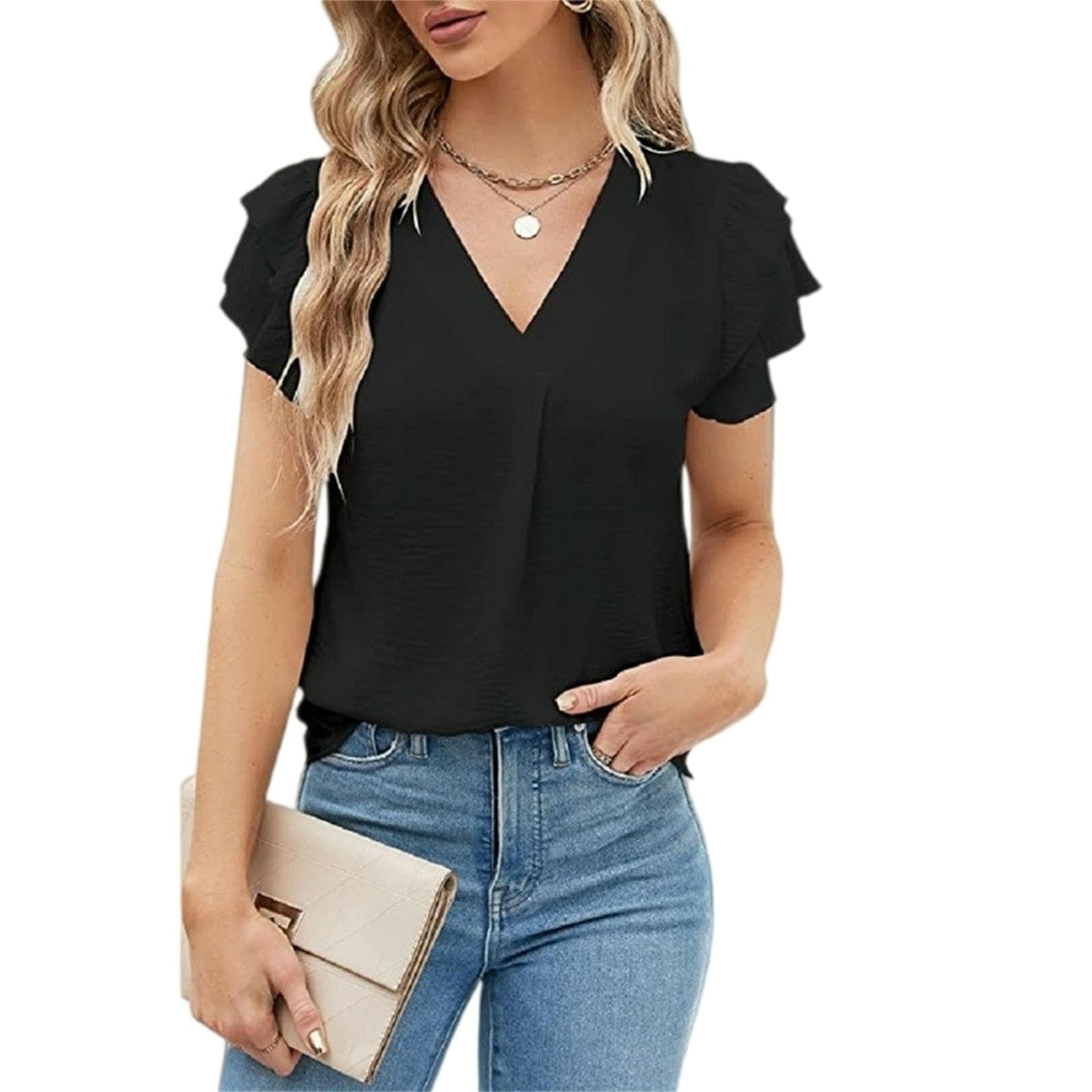 Maniche Lunghe da Donna Camicetta Estiva A Corte in Chiffon con Scollo V E Volant-Nero-m