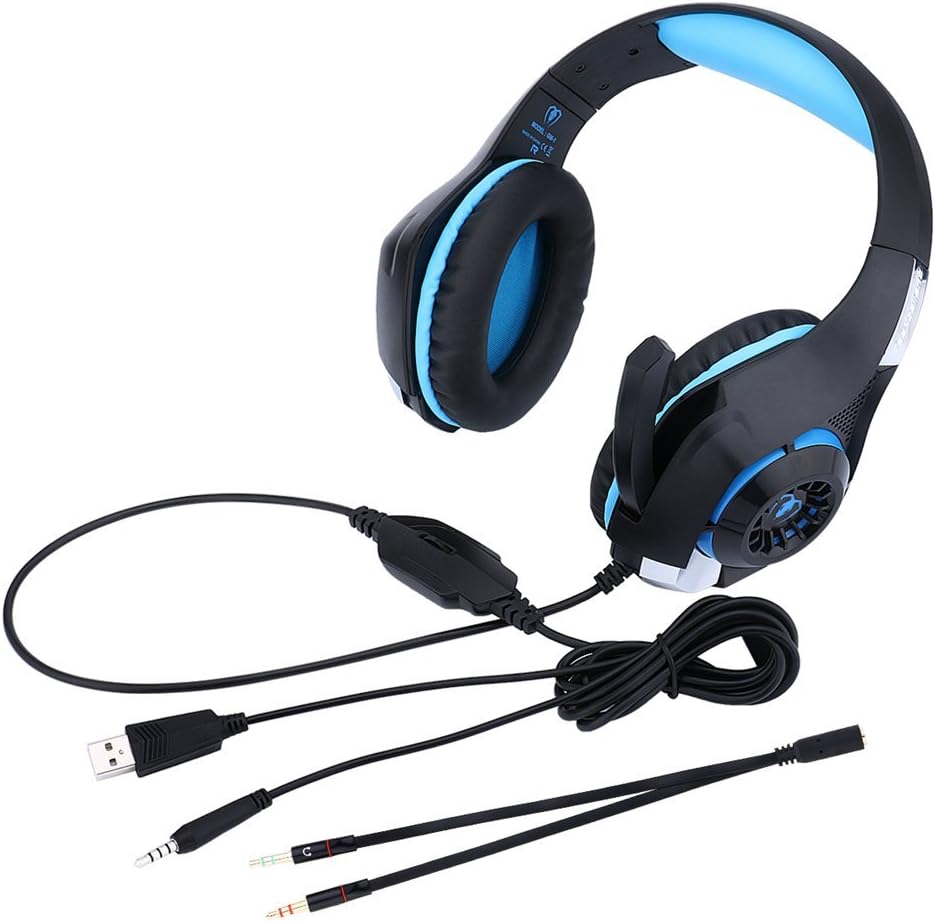 Stereo Gaming Headset for PS4 PC - Professional 3.5MM LED Light Over-Ear Headphones Headband with Mic for Playstation 4 / Laptop/Computer/Mac iPhone, Headset Splitter (Black-Blue)