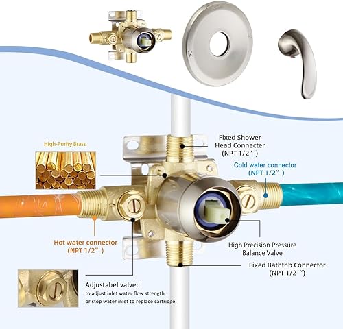 Miniatura 7 de Juego de grifo de ducha de níquel cepillado, mezclador de lluvia de baño, sistema de cabezal de ducha doble con boquilla de bañera, accesorio de