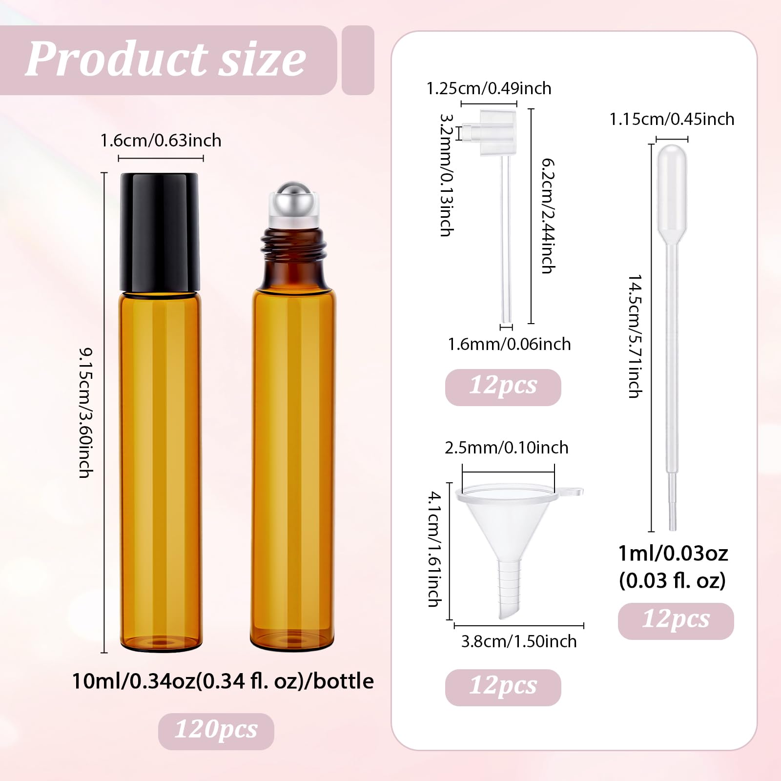 120 bottiglie a rullo per oli essenziali, 10 ml, vuote, in vetro, con sfera in acciaio inox, 12 pipette, 12 erogatori e 12 tramoggia, flaconi a rullo color ambra, per profumi, aromaterapia