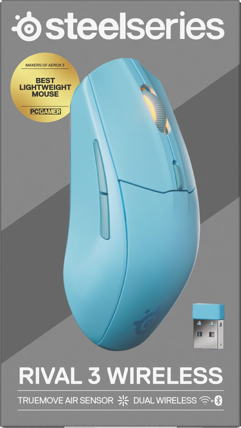 SteelSeries mysz do gier Rival 3 Wireless Gen 2 – 2,4 GHz i Bluetooth – Sensor optyczny TrueMove Air 18 000 DPI – Wytrzymała do 60 milionów kliknięć – Niska waga – Ślizgacze 100% PTFE - Aqua