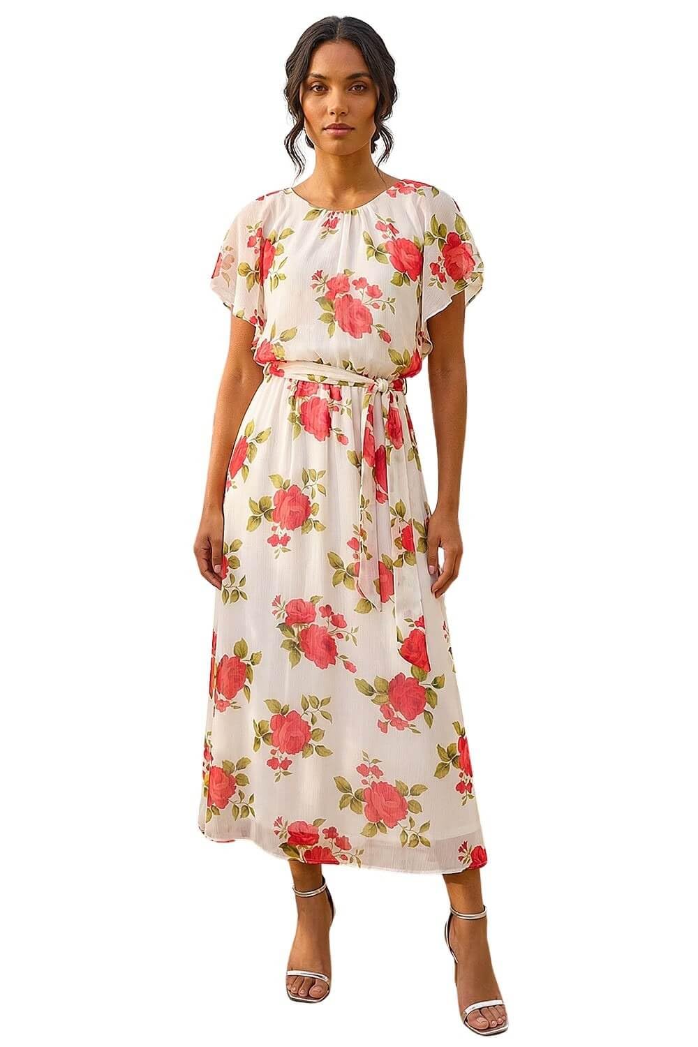 Roman Originals Floral Split Sleeve Midi Dress for Women UK - Ladies Everyday Holiday Spring Summer Round Neckline Comfy Soft Evening Vacation Work Party - Ivory Floral - Size 12