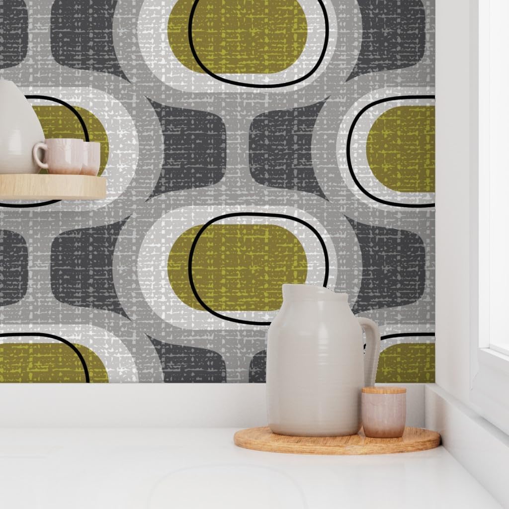 Peel & Stick Wallpaper 12ft x 2ft - Orbs Retro Green Mid Century Mod Modern Farmhouse Neutrals Custom Removable Wallpaper by Spoonflower