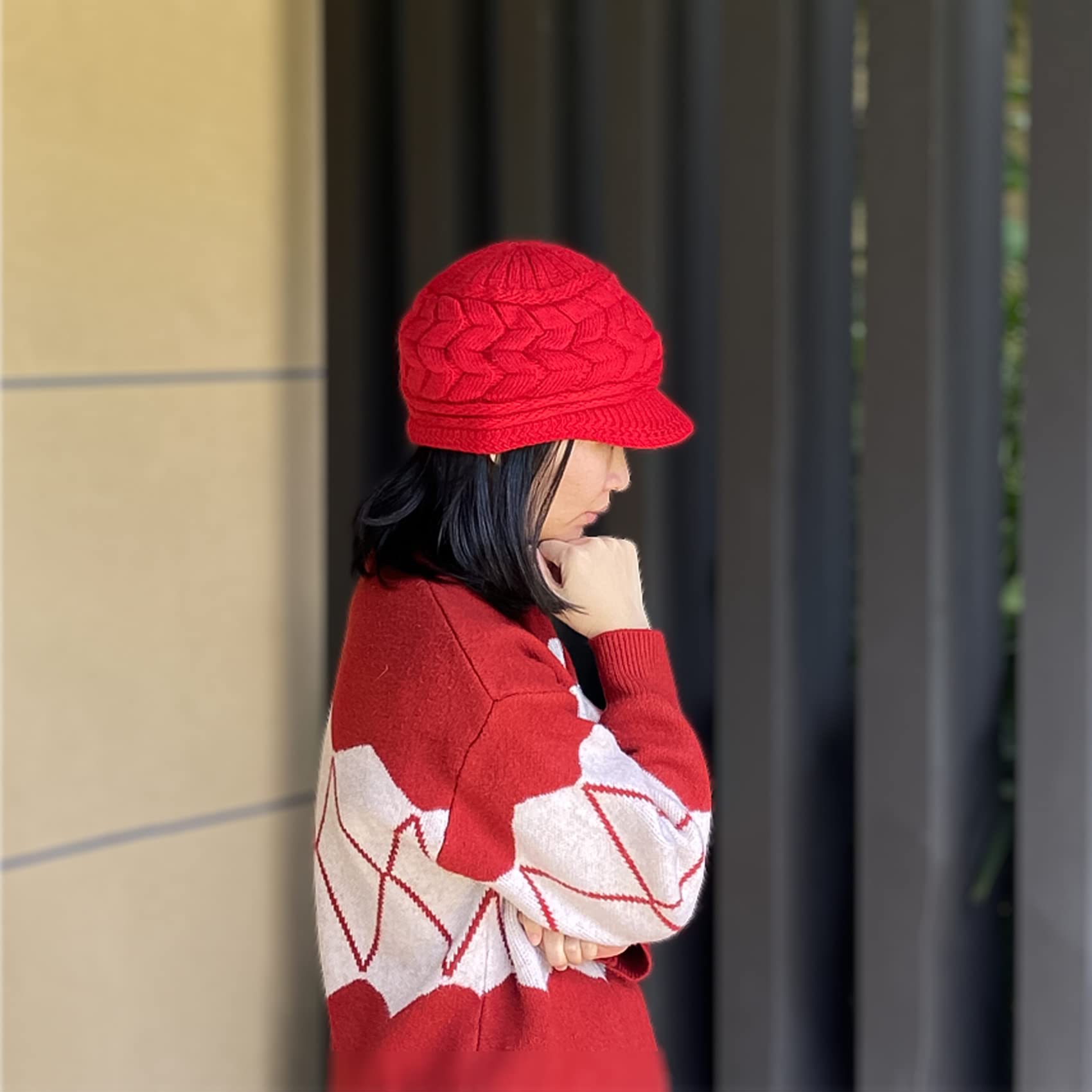 WS-H1 - Gorro de lana con forro polar cálido para mujer, gorro de punto con visera, para nieve, esquí, clima frío, invierno
