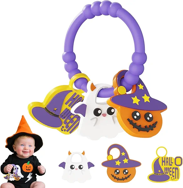 Halloween Baby Teething Bracelet with 3pcs Teether-Soft Pumpkin, Ghost&Witch Hat Textured Silicone Teether for 0-12months, Baby Sensory Chew Teething,Sensory Chew Bracelet for Baby’s First Halloween