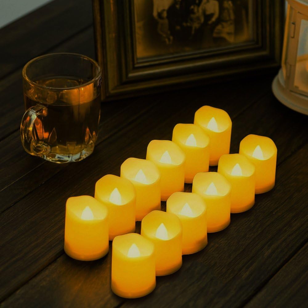 Novelty Place Flameless Flickering Votive Candles, 12 Pack Battery Operated LED Tea Lights, Fake Electric Candles for Wedding, Table, Halloween & Christmas Decorations