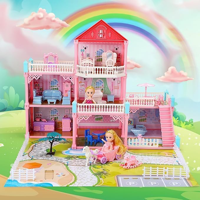 Pihura Dollhouse Building Toys, Playset with LED Lights, Movable Slides, Stairs, Furniture, Accessories, Dolls and Pets, Cottage Pretend Play House, DIY Creative Gift for Girls Toddlers (Medium) 3
