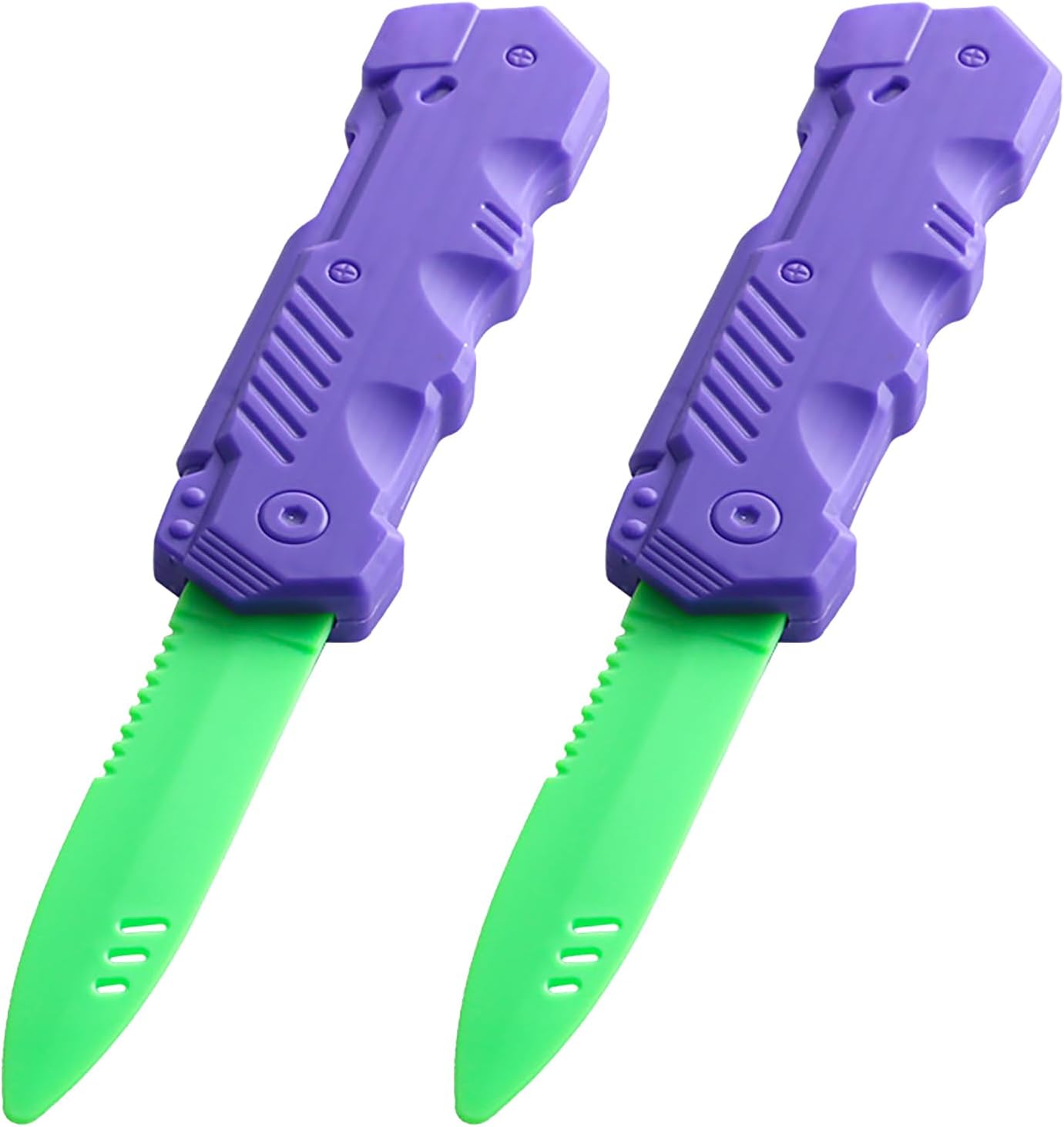 Retractable Plastic Toy Knives - 2 Pack - Safe and Fun for Kids and Adults - Great for Halloween, Cosplay, Magic Tricks and More Purple Handle Green Blade