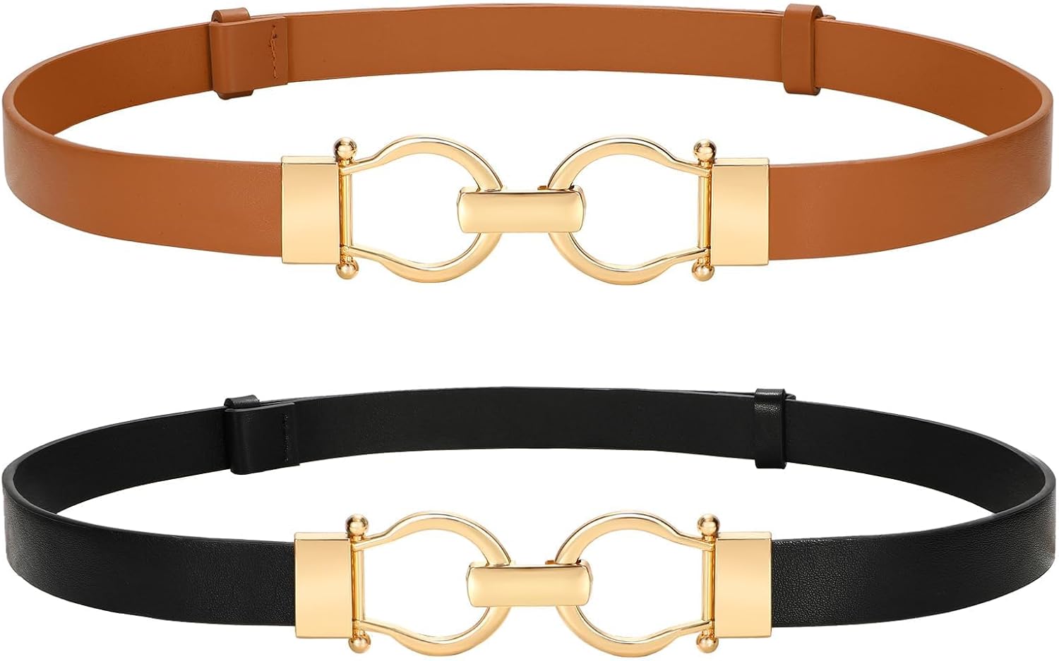 VONMELLI Women's Leather Belts for Jeans Dress Pants Ladies Waist Belt Skinny Belt with Fashion Gold Buckle 2 Pack