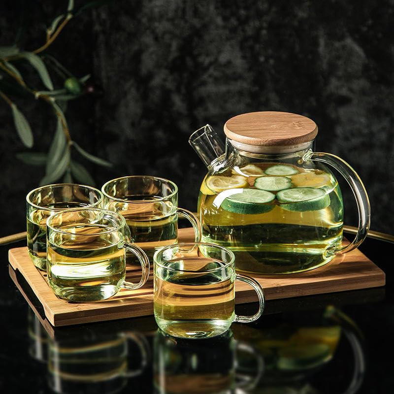 Image of Glass Kettle 1 Teapot Bamboo Lid with 1 Wooden Tray and 4 Tea Cup Tableware Serving Set Heat-Resistant Glass Hot Water Flower Brewed Loose Leaf Tea Filter Spout- Set of 6