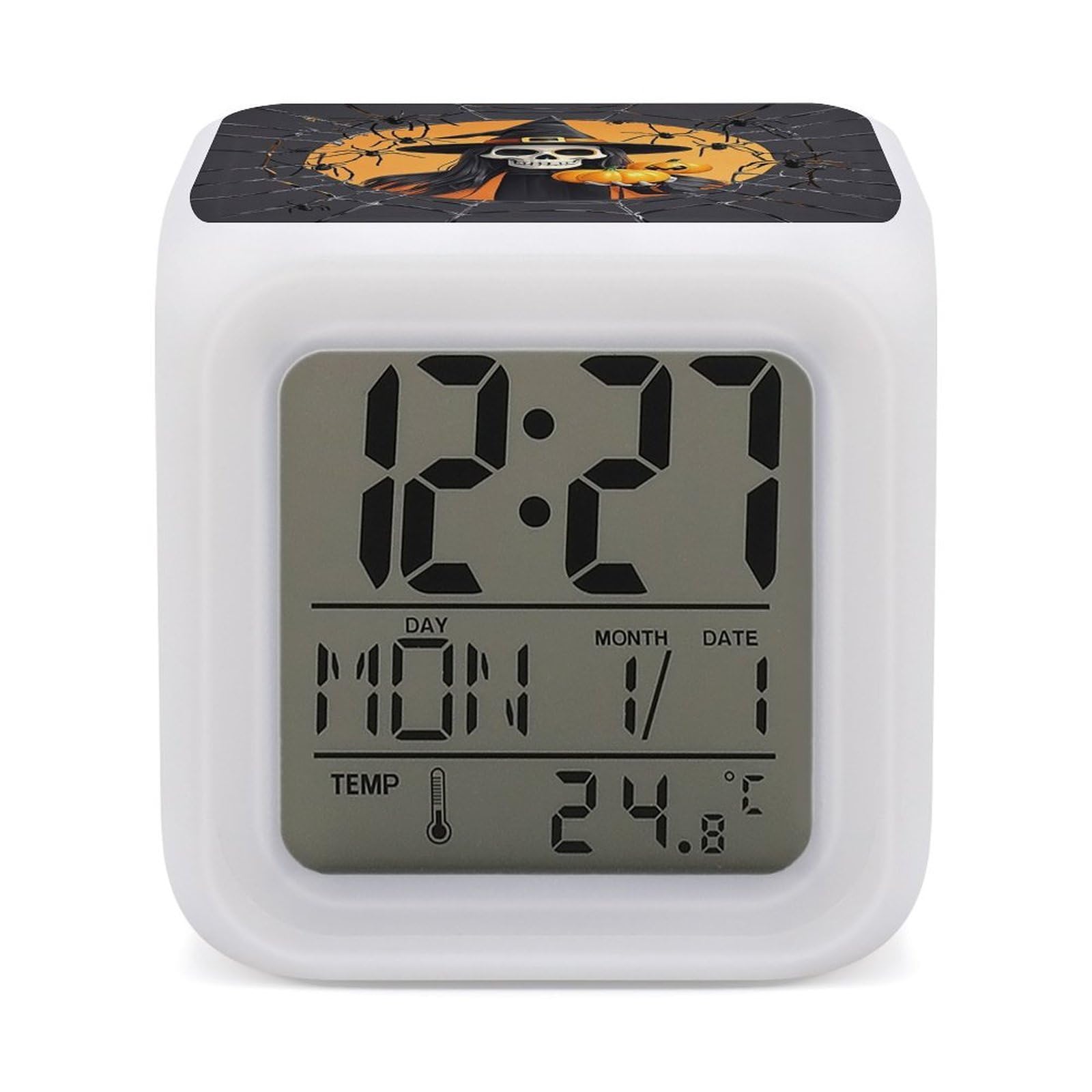 VstaDank Skeleton Spider Web Alarm Clock Sleep Trainer 7 Color Changing Night Light Modern Touch Bedside Lamp Fashion Digital Clock with Temperature Display Wake Clocks for Loud Alarm