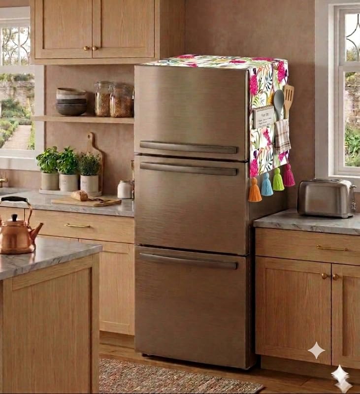 Image of Triple Door Fridge Cover 100-250L | 450 GSM Durable Fridge Top Cover with Tassels & Pockets | Fits Godrej, LG, Haier, Samsung Models | Dustproof Refrigerator Cover in Floral | WWW.THROWPILLOW.IN