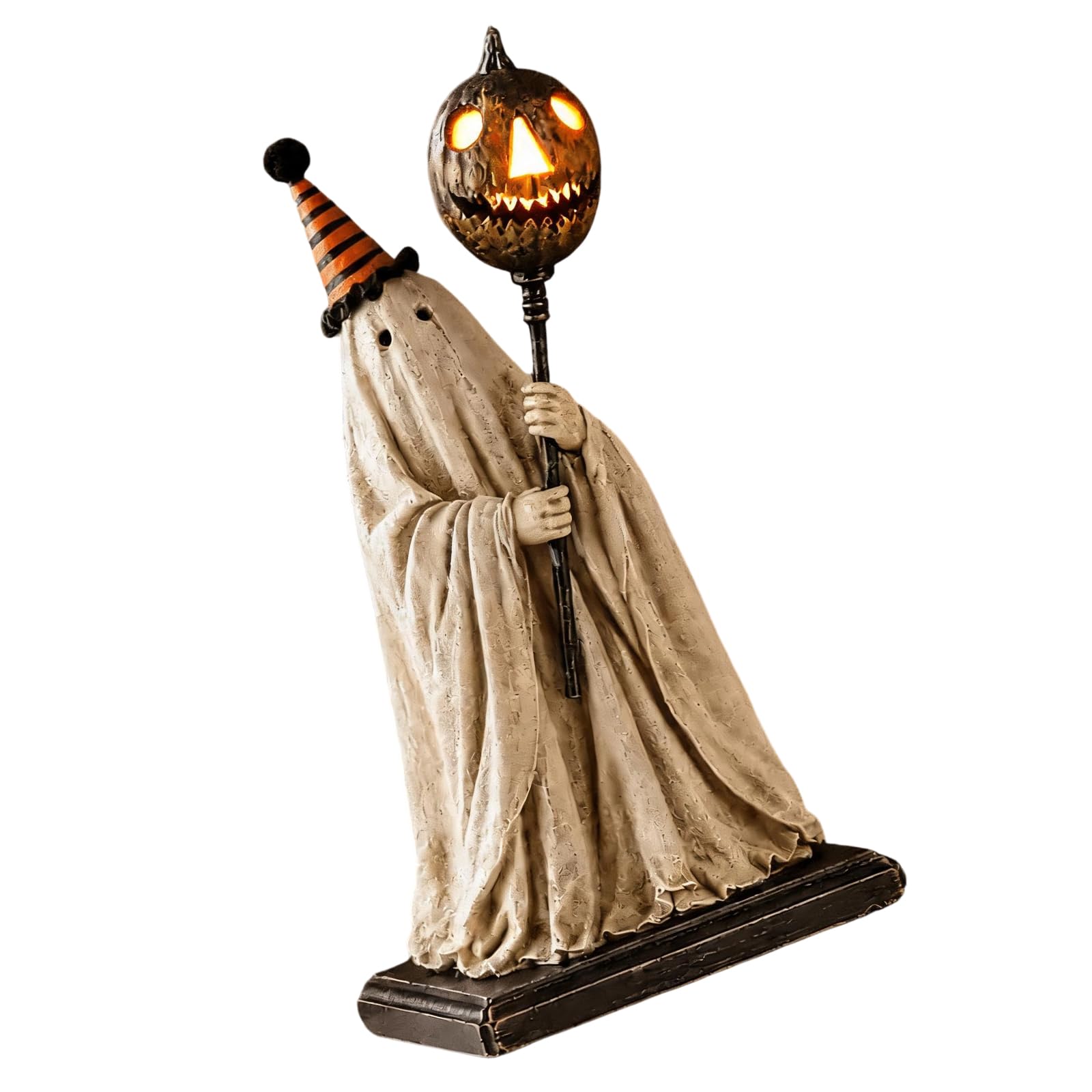 Pangboer Freestanding Halloween Mantel Figurine Resin Figure Accent With Lighted Pumpkin Staff, 5.9 Inch Seasonal Table Decoration For Shop Counter Display Eerie Tabletop Accent Glowing Pumpkin Figure Statue