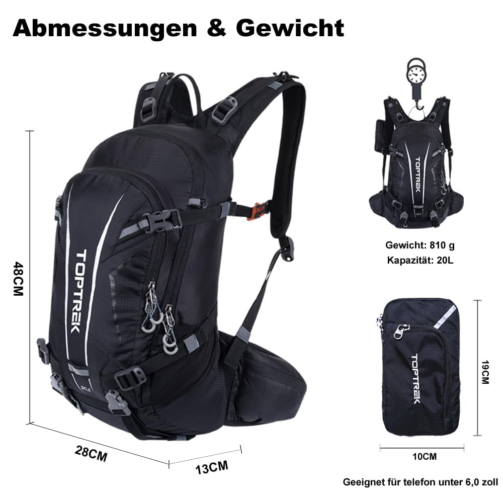 toptrek Fahrradrucksack Wasserdicht 20L,Ultraleicht Rucksack für Damen & Herren,Fahrrad Rucksack mit Regenschutz und Helmabdeckung,Rucksäcke Mountainike MTB