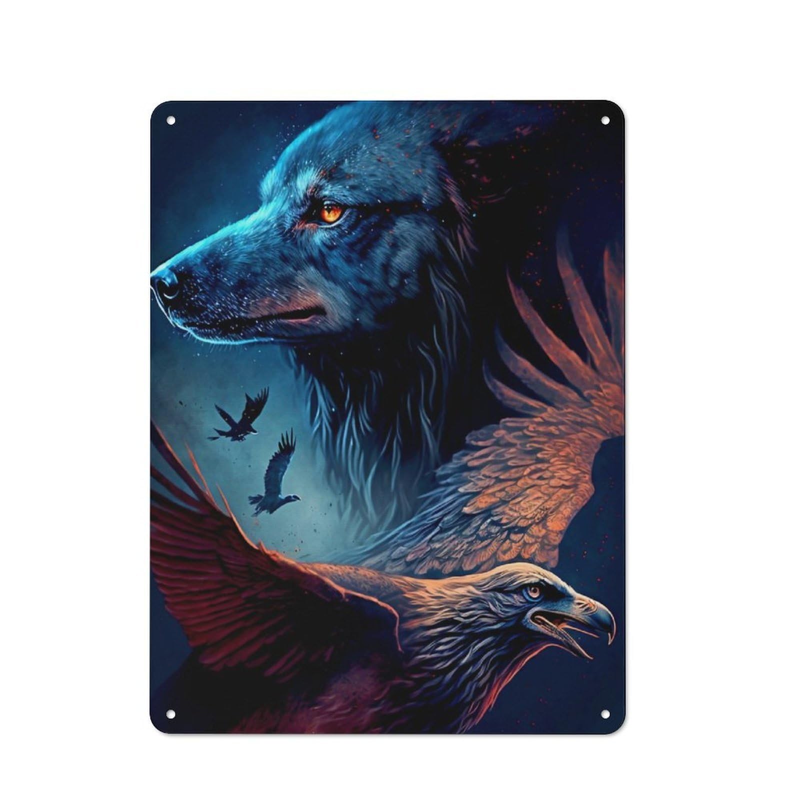 Junmoney Wolf And Eagle Printed Metal Sign 40X30cm For Living Room Or Hallway, For Home Wall Decor Collectors