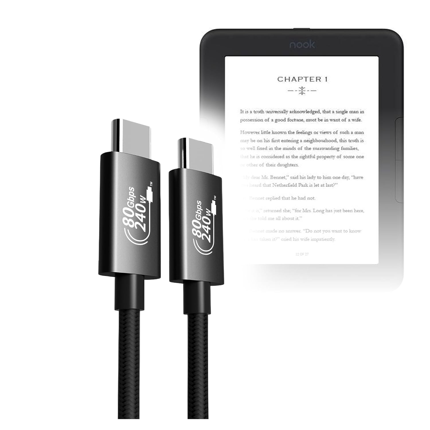 BoxWave Cables & Adapters Compatible with Barnes & Noble Nook GlowLight 4e - DirectSync PD Thunderbolt 5.0 Cable (10 ft 240W), Long Nylon Braided Connector Fast Charge - Jet Black