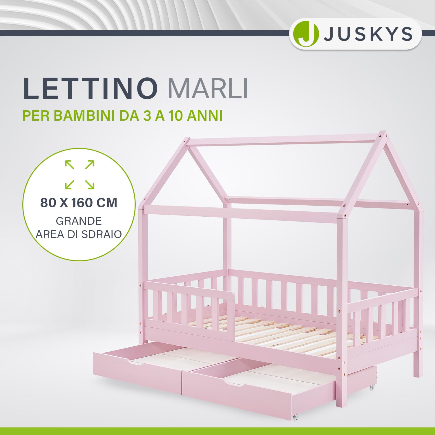 Juskys letto per bambini Marli da 80x160 cm con due contenitori, protezione anticaduta, rete a doghe e tetto - Letto a casetta in legno massiccio per bambini - Letto in rosa