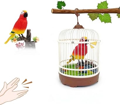 nulala Simulation Parrots Bird in Cage Ornament,Voice-Activated Induction Parrot,Lifelike Natural Sounds,Chirping Parrot Electric Pet for Office Home Garden Decor Birthday Gifts Red - 523-1A