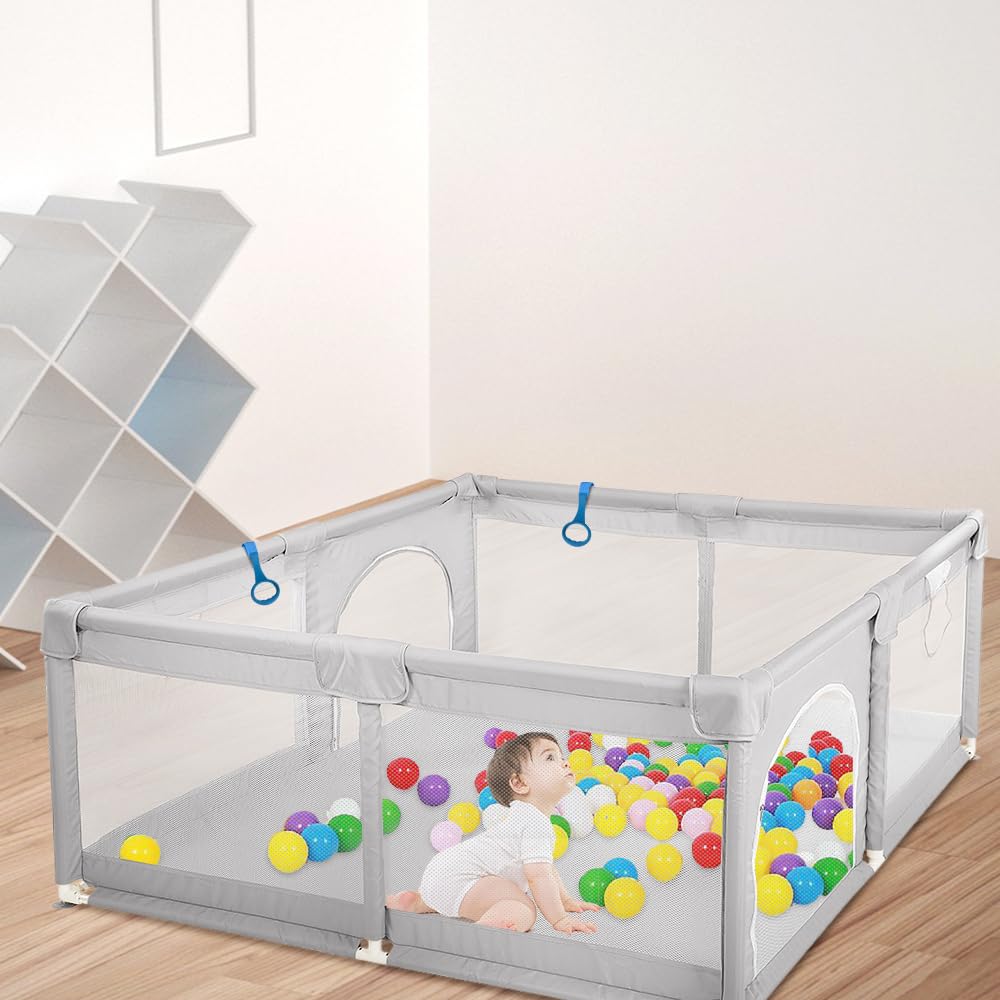 Homewell Parque para bebé, Parque de bebé seguro 150 x 200 cm, zona de juego con 2 accesos laterales con cremallera y alfombras, barrera para bebés de juegos, bolsa de transporte, color gris