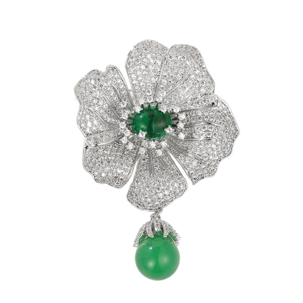 WANGWANGDUIMultifunktionell Brosch Women's Retro Palace Style Fur Accessories Green Agate Camellia Brooch Dual-purpose Brosch