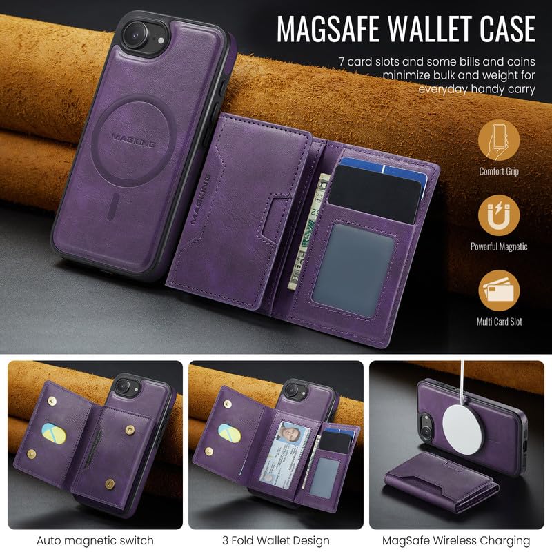 Funda magnética para iPhone 16E morada 2 en 1 desmontable con cartera RFID 2