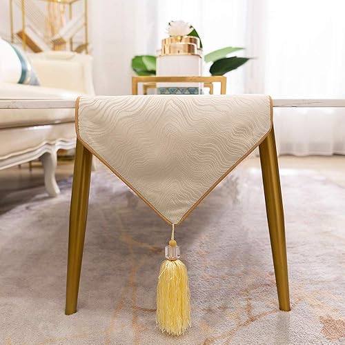 Miniatura 2 de Avigers Camino de mesa decorativo de lujo abstracto a rayas beige de 12 x 59 pulgadas con borlas para el hogar, sala de estar, dormitorio,