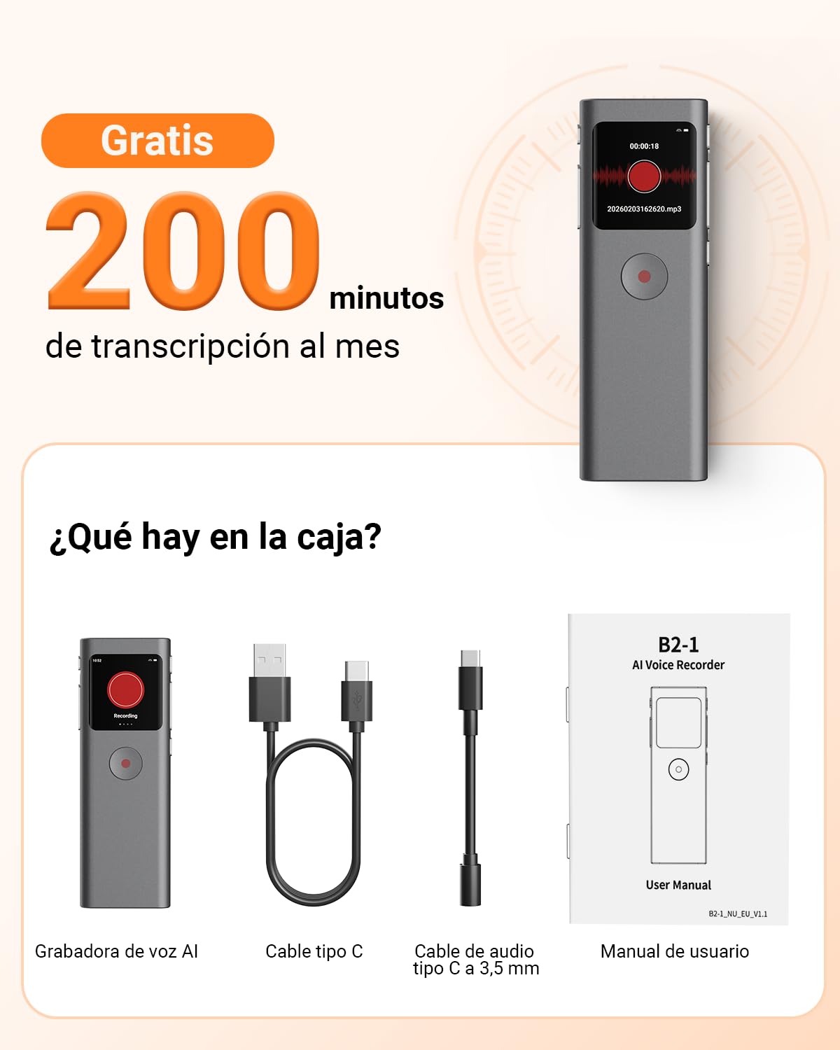 Grabadora de Voz IA con Transcribe y Resume con tecnología, 64 GB Voice Recorder Digital con Activada por Voz, Control de App, Reducción de Ruido Automática para Entrevista/Clase/Reunión