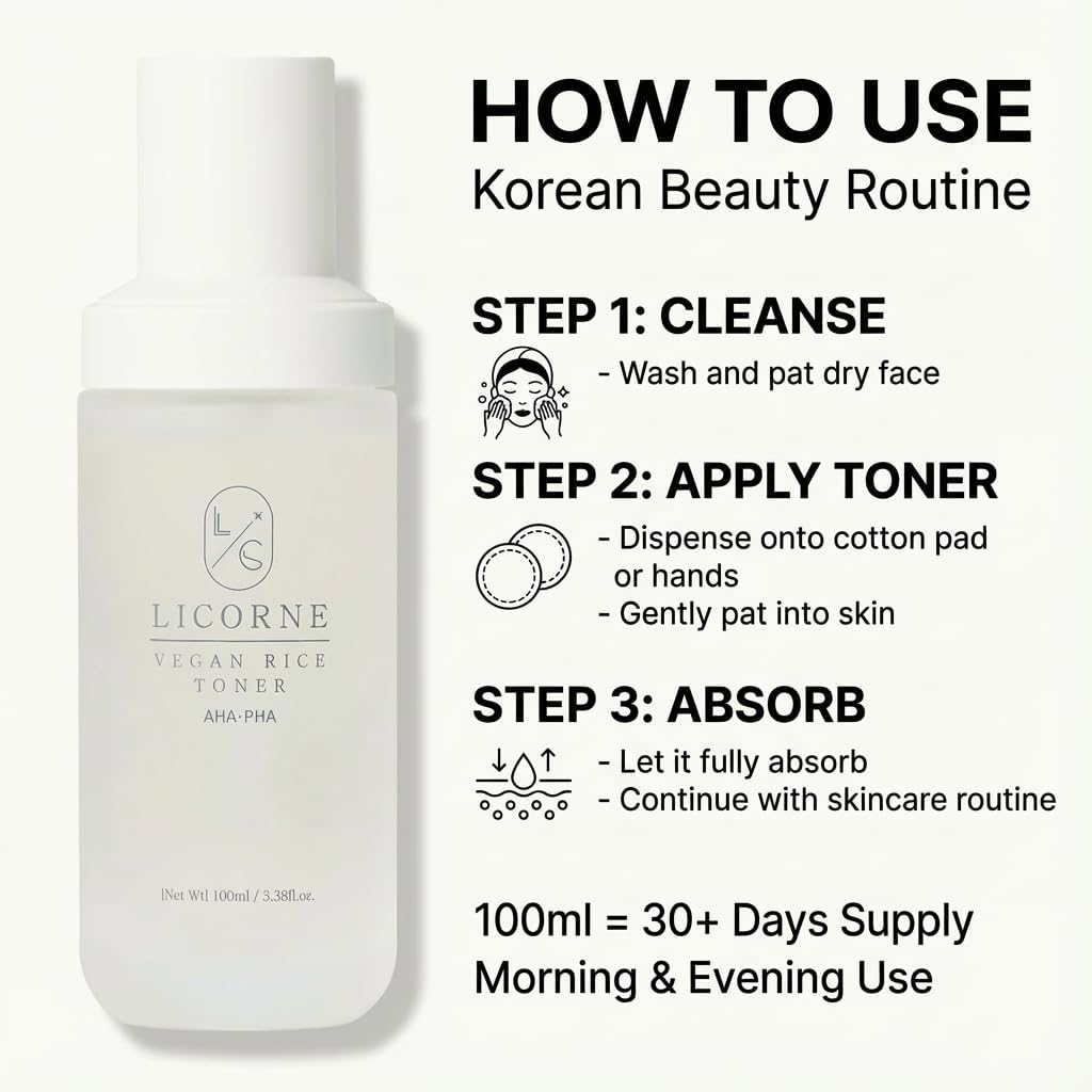 LICORNE Vegan Rice Toner, Daily Exfoliating Face Toner for Glass Skin, AHA/PHA & Rice Water for Uneven Texture & Pores, Gentle Resurfacing & Hydrating Essence Water, 3.38 fl oz - Image 6
