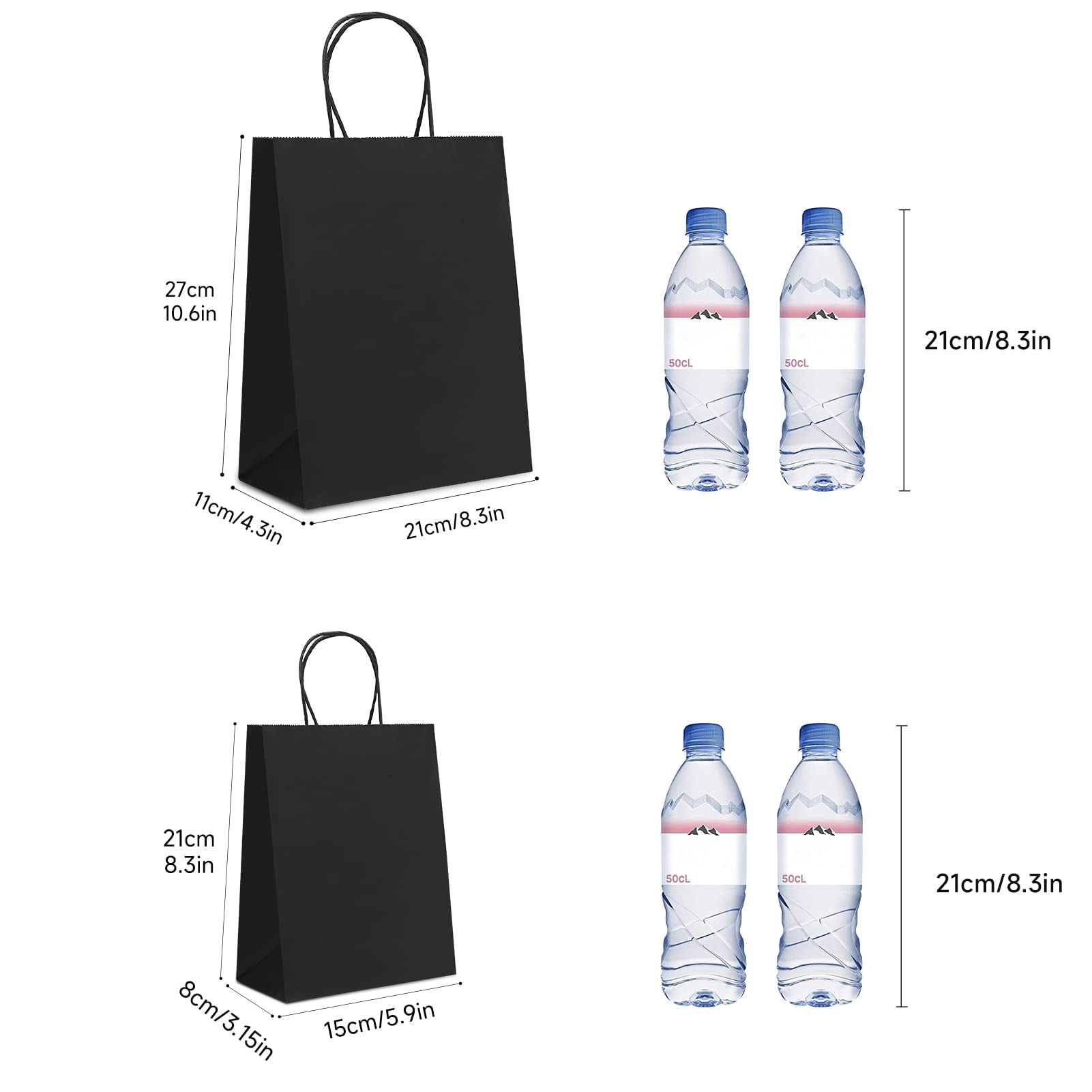 HAUSPROFI 25 bolsas de papel, bolsas de transporte con asas fuertes torceduras, bolsas Kraft, negras, 27 x 21 x 11 cm, espesan 130 g/m²
