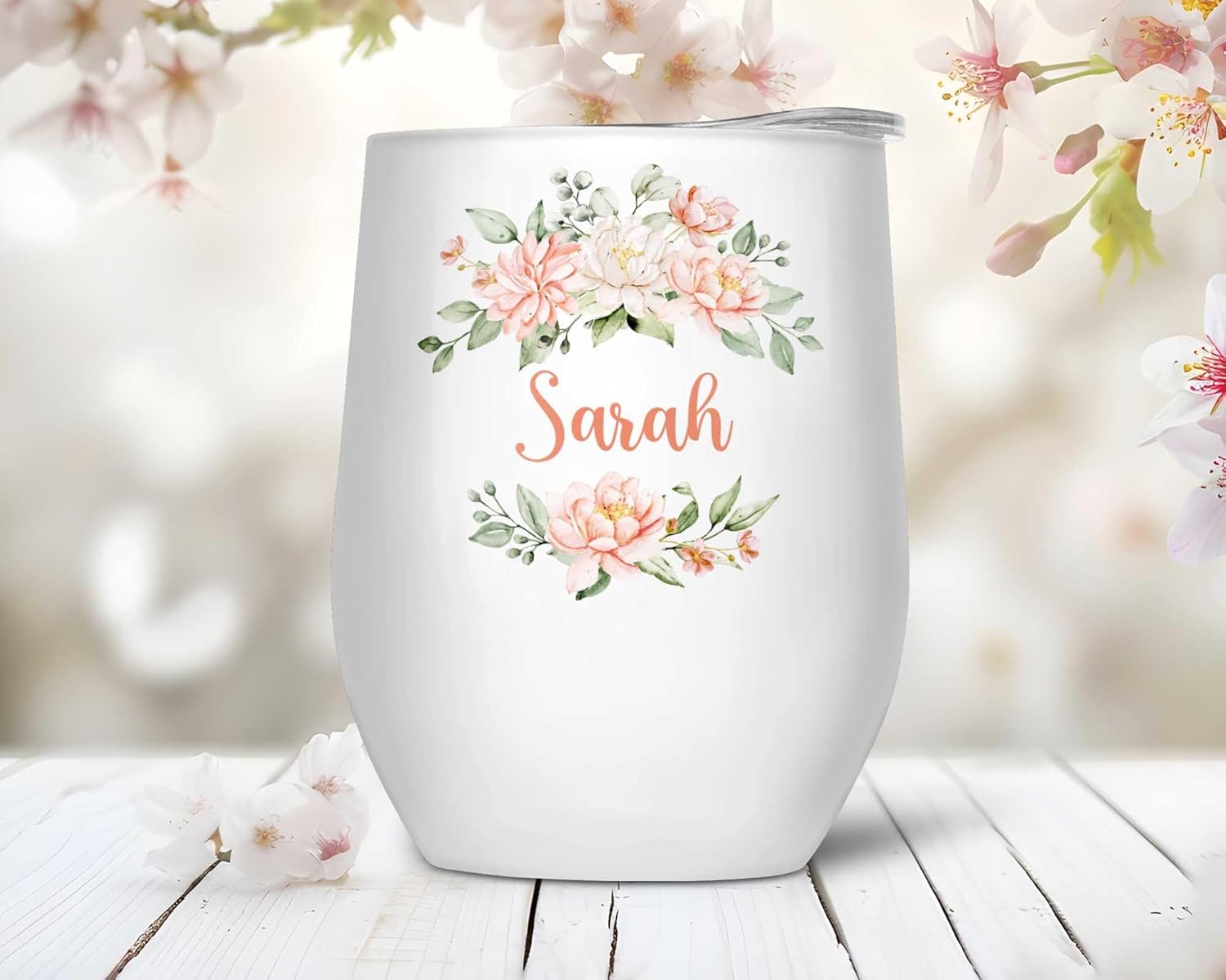Personalized Wine Tumbler 12 oz Peach Floral Custom Name Gift for Women Stemless Insulated Stainless Steel Glass Gift for Women from The Painted Pug (Peach Floral)