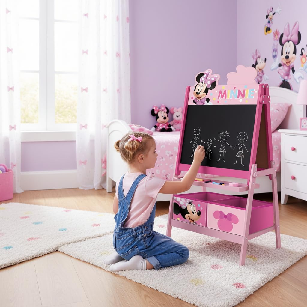 ARDITEX - Pizarra infantil de Disney Minnie Mouse con doble superficie para uso de tiza y rotulador y 2 contenedores textiles para almacenaje - 54x45x117cm - Contenedores de 24x30x15cm - Color rosa
