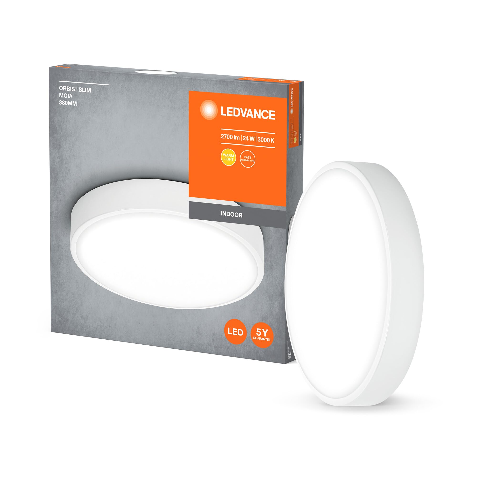 LEDVANCE Orbis Slim Moia Led Ceiling Light 380Mm, White, 24W, 2600Lm, Warm White Light, Very Homogeneous Light Distribution, Long Life, Non-Replaceable Led Module, Round, Ip20, 3000K
