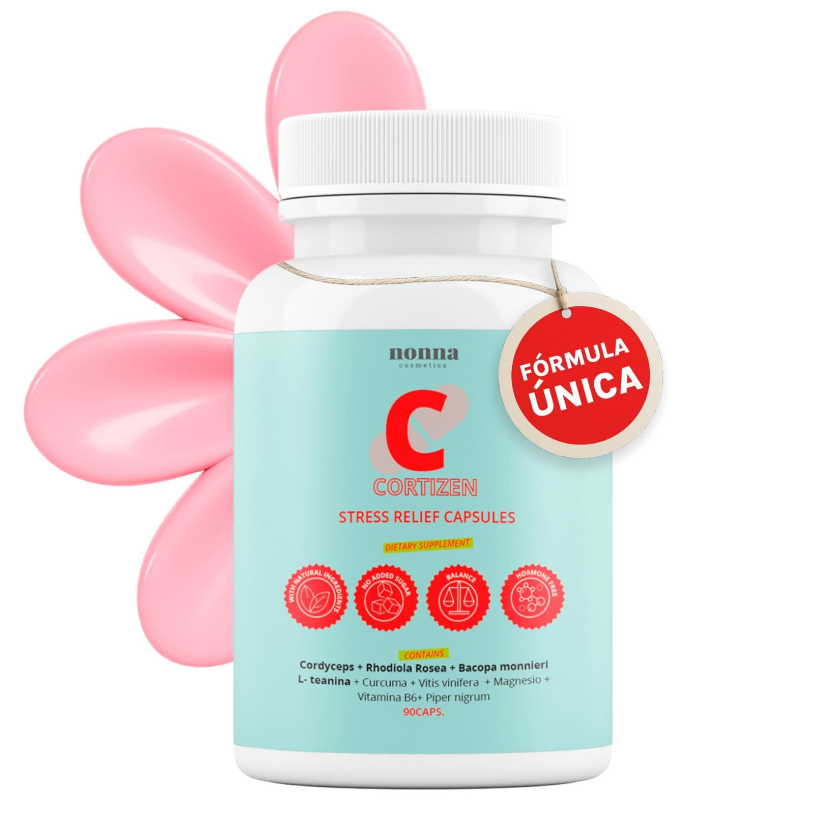 CORTIZEN – Suplemento Mujer Cordyceps capsulas + Rhodiola + Bacopa + Magnesio | Regulador Hormonal Natural, Equilibrio Emocional y Bienestar | Estrés y Cortisol | 90 Cápsulas | Nonna Cosmetics