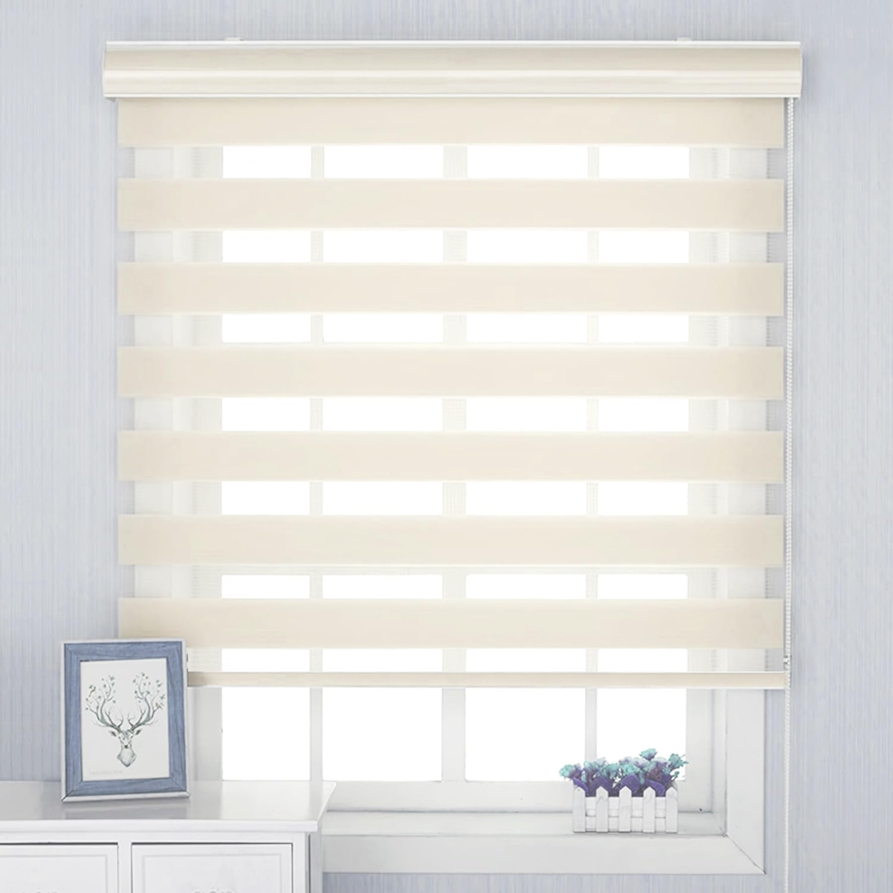 Store jour nuit 45 x 185 cm beige avec double tissu réglable pour une protection visuelle idéale