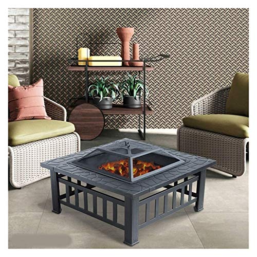 Hogueras para exteriores, mesa cuadrada de metal resistente para patio trasero con rejilla de encendido y póquer