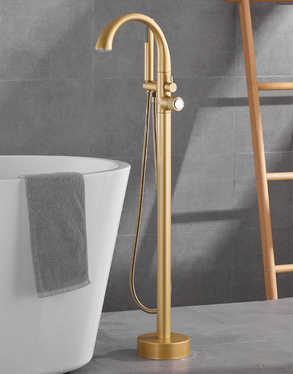 ASerZenith Matte Gold Floor Bathtub Faucet Hot Cold Water Mixer with Hand Shower Floor Standing Bath Tub Mixer Tap(B)