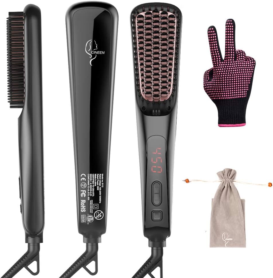 Ionic Hair Straightener Brush, CINEEN Hair Straightening Iron Brush with Fast MCH Ceramic Heating, Hair Straightening Comb with Anti-Scald, Temperature Setting, Auto Shut Off for Home and Travelโฆ