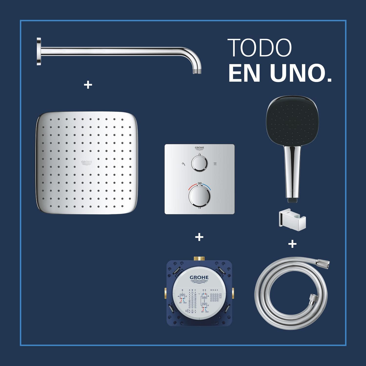 GROHE Precision 250 - sistema de ducha empotrado (2 tipos de chorro, caja de instalación universal, flexo de ducha 1500mm), angular, cromo, 34882000