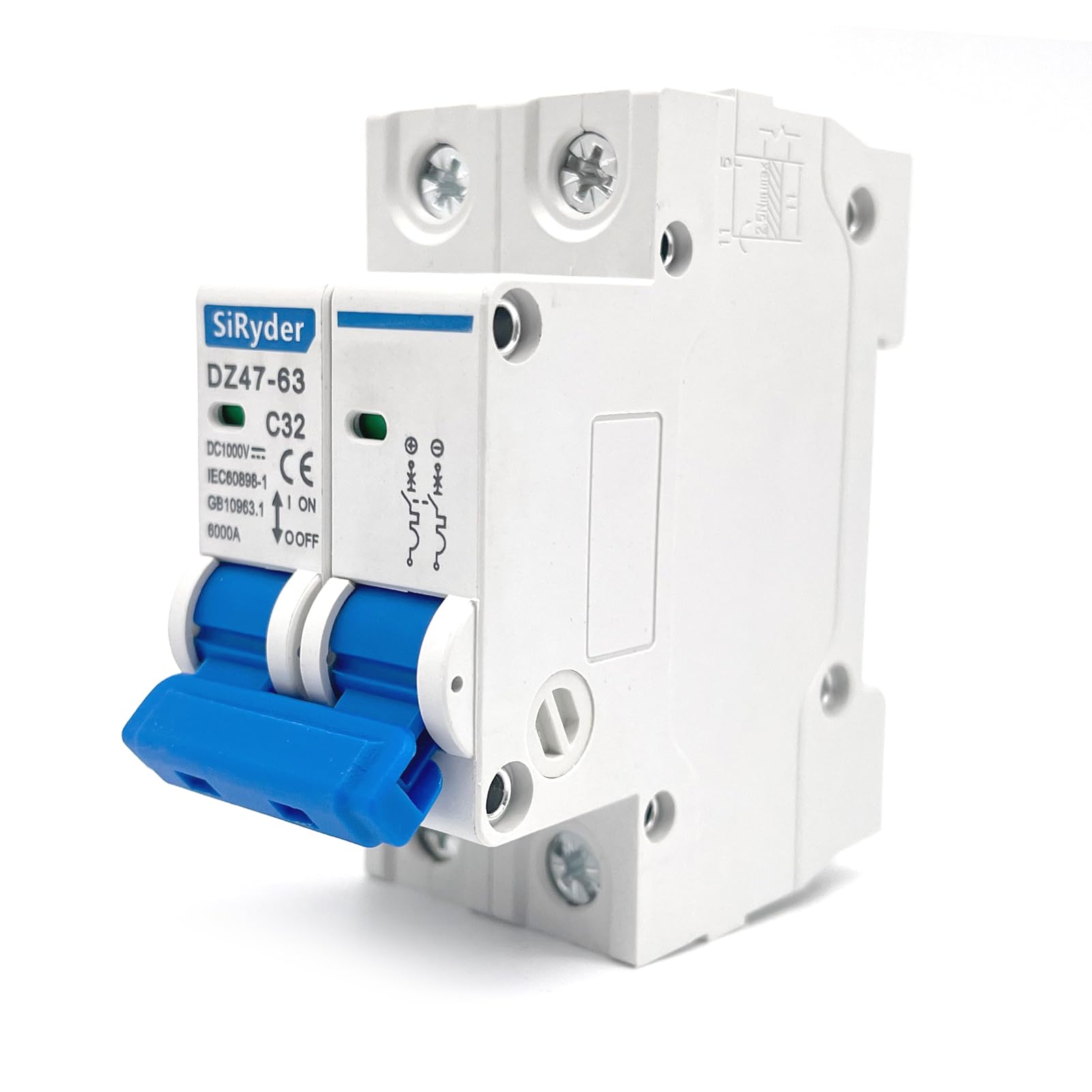 SiRyder 2P Interruttore Magnetotermico 32A DC 1000V,Interruttore Automatico PV Mini Interruttore Magnetotermico Differenziale con Protezione da Sovraccarico e Protezione da Cortocircuit