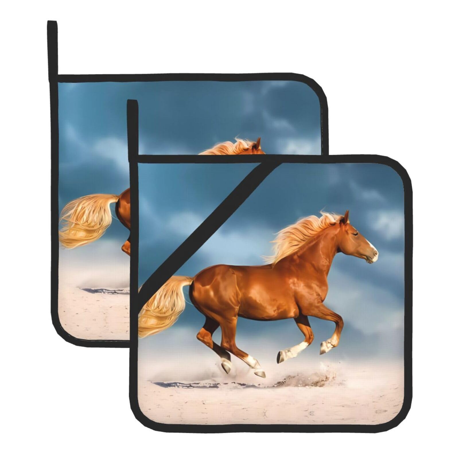 YYHWHJDE Red Runing Horse Prints Square Hot Pads for Kitchen Counter - Waterproof Pot Holders with Hanging Loop, Durable Trivets for Microwave Oven - 2 Pack