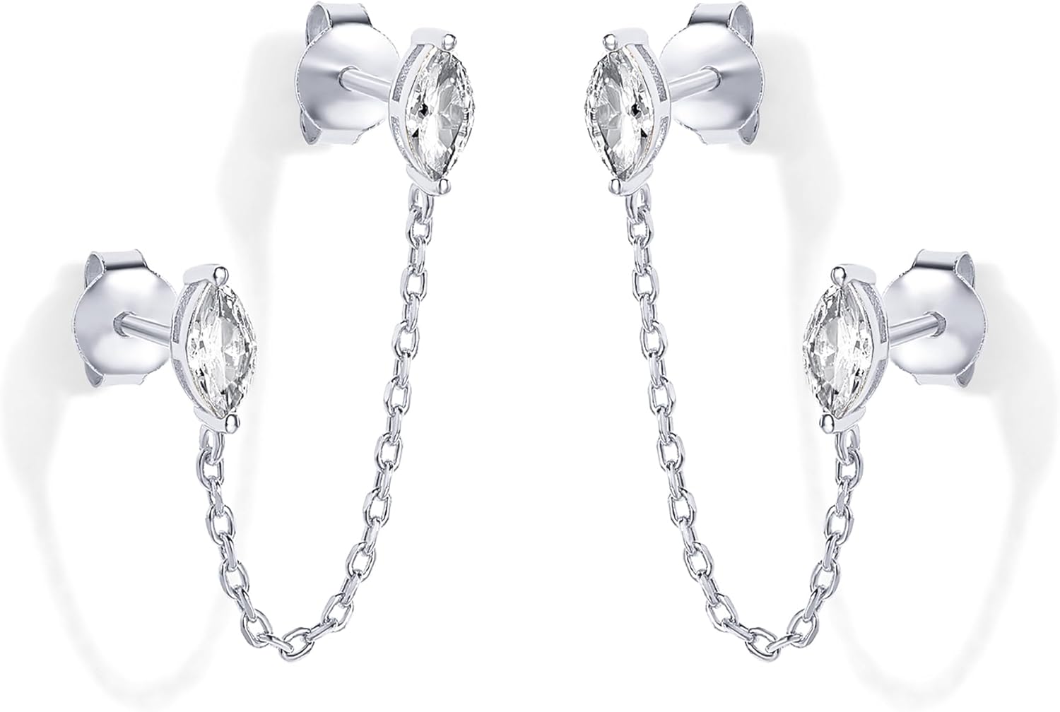 PAVOI 14K Gold Plated Delicate CZ Chain Earrings for Women - Double Piercing Dangle Chain Studs - Cubic Zirconia Earscapes - Image 3