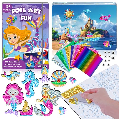 homicozy Art & Craft Activity for Kids-Foil Fun Mermaid,No Mess Art Crafts for Girls,DIY Foil Foam Stickers,Creative Activity Kits,Kids Travel Toys,Gifts for Girls & Boys Ages 4-10