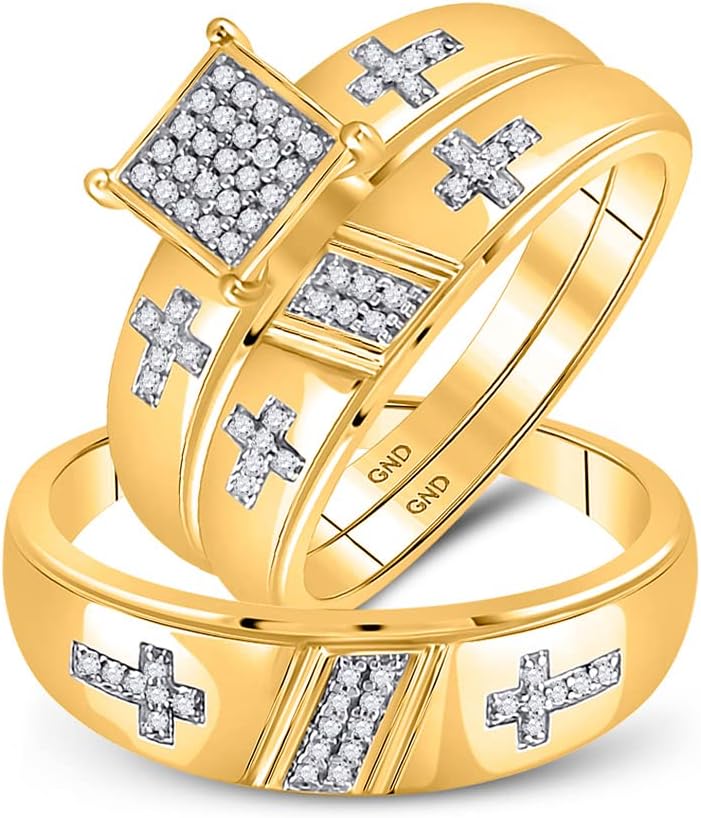 Solid 10K Yellow Gold His and Hers Trio Three Rings Set Real Natural Diamond Cross Matching Rings Wedding Band Set 1/12 Carat (.07 Cttw)