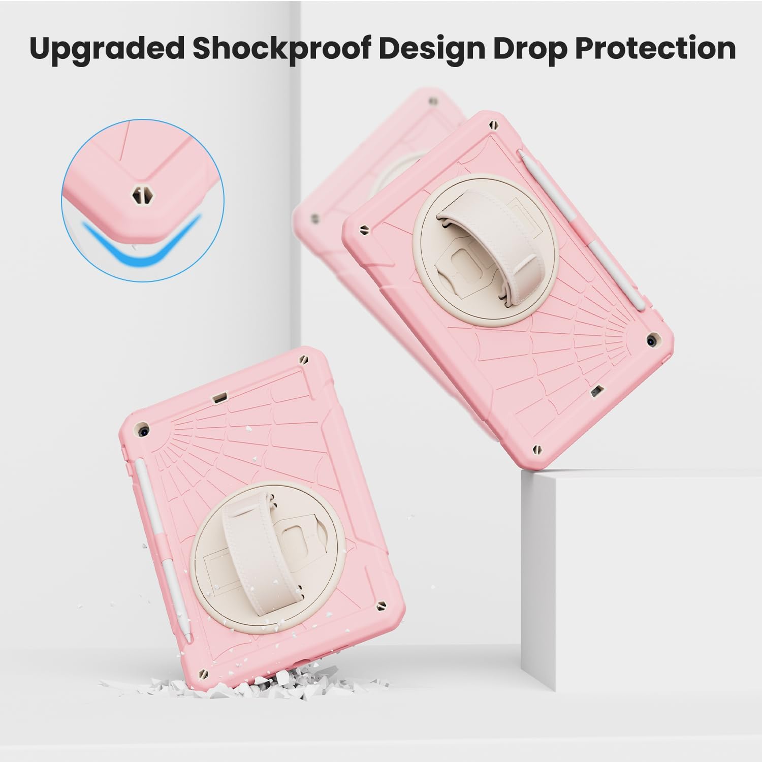 for iPad 9th Generation 2021/ iPad 8th Generation 2020/ iPad 7th Generation 2019 Case, with Screen Protector, Pencil Holder [360° Rotating Hand Strap] & Stand, for iPad 10.2 inch (Pink)