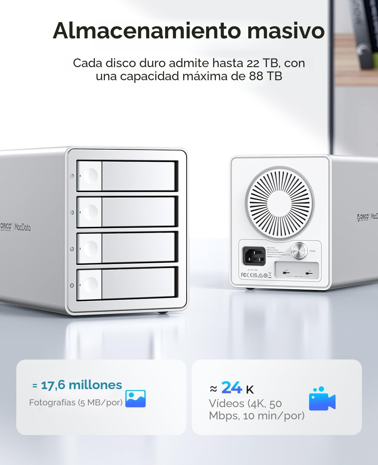ORICO Daisy Chain - Caja de disco duro de 4 bahías USB 3.2 Gen 2 de aluminio, compatible con 22 TB y expansión máxima de hasta 264 TB para disco duro de 3.5 pulgadas, 9948C3