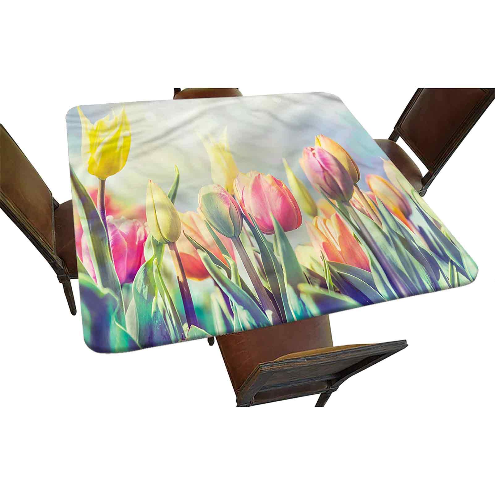 Pastel Decorative Elastic Edged Square Fitted Tablecloth, Tulips Flower Bed Park Polyester Indoor Outdoor Fitted Tablecover for Banquet Buffet Kitchen